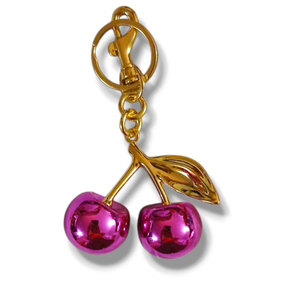 NWOT Metallic Mirrored Pink Cherry Bag Charm/Keychain - Picture 2 of 2